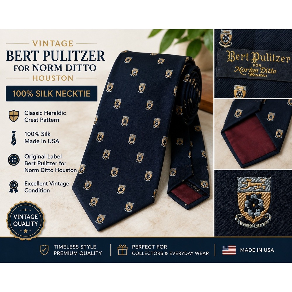 Vintage Bert Pulitzer for Norton Ditto Houston‎ Navy Silk Heraldic Crest Tie USA